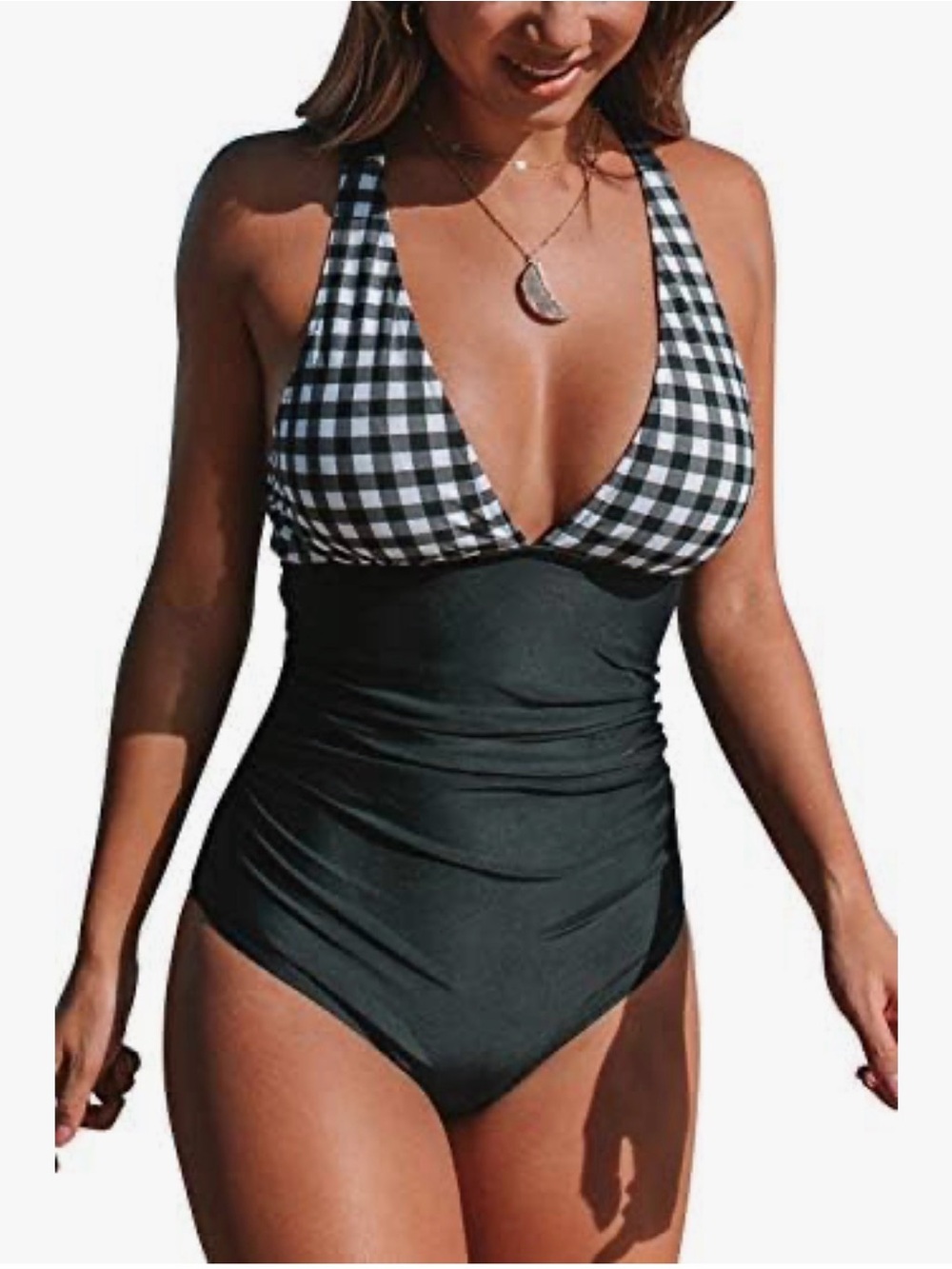Black Gingham Halter One-Piece Swimsuit - Women Swim Size XL
